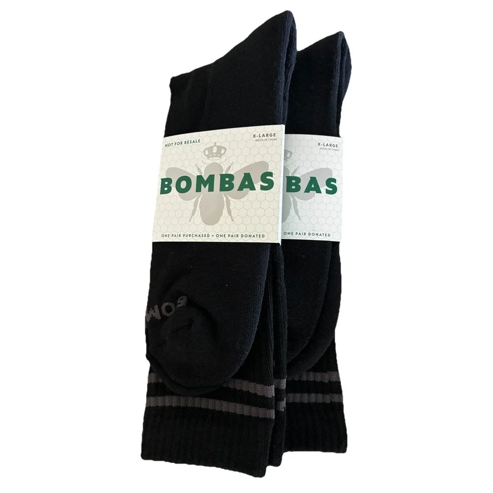 BOMBAS Socks Men's XL Black Gray Stripe Calf Logo (US 13.5-16) NEW Lot Of 2